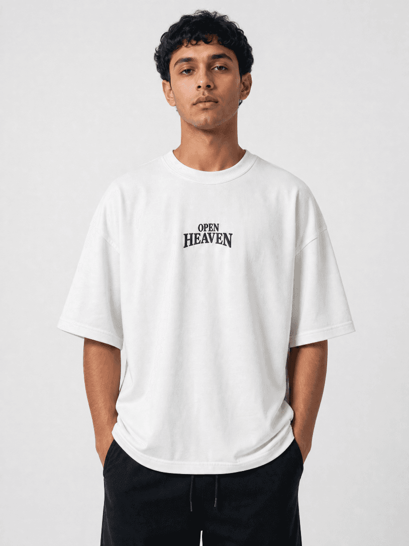 White Open Heaven T-Shirt (Navy Embroidery)